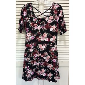 Joe Boxer Black/Multi Floral Short Sleeve Fit Flare Dress‎ Size M Scoop Y2K